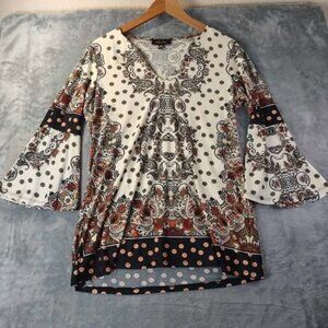 Melissa Paige Women Boho Tunic Top M Paisley Dot‎ Bell Sleeve Stretch Retro